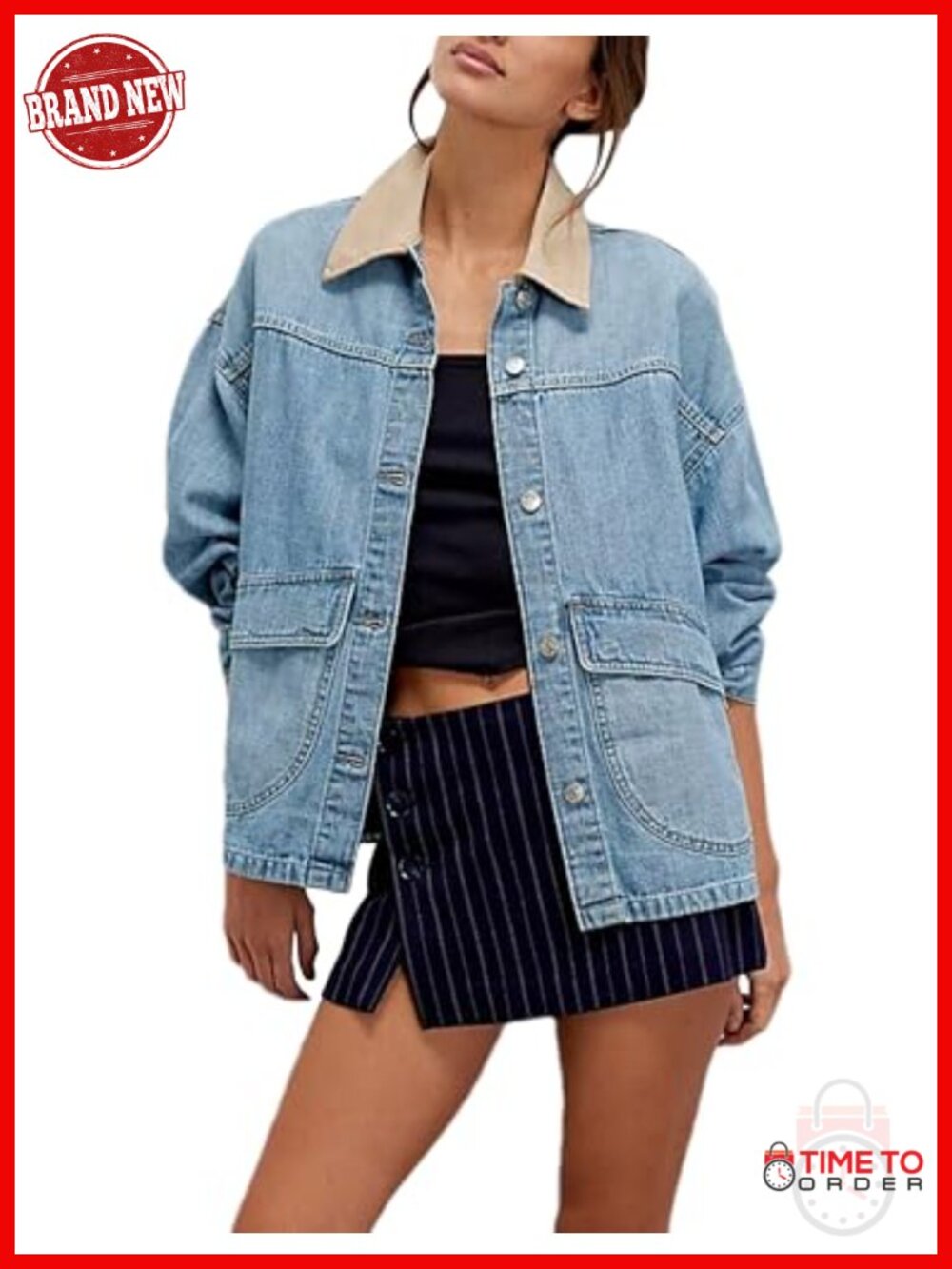 Oversized Denim Jacket with Contrast Trim Button Down Long Sleeve Jean Coat